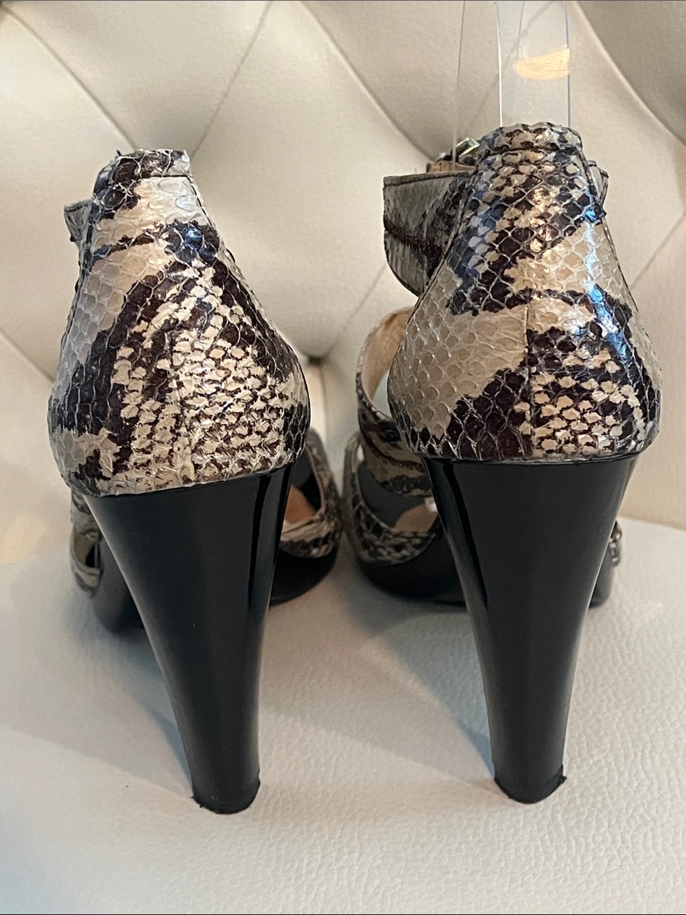 Michael Kors Beige and Black Snake Print Zippered High Heel Sandals - Picture 6 of 10